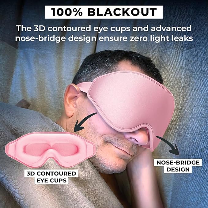 FlyHugz® 3D Travel & Home Sleep Mask | Ultra-Soft, 100% Light-Blocking Eye Mask for Deeper Sleep | Zero Eye Pressure, Adjustable Strap with Nose Bridge Design | Perfect for Travel and Insomnia - Bloomnest