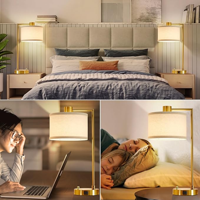 Luvkczc Table Lamp for Bedroom Set of 2 with USB C+A Ports, Fully Stepless Dimmable Bedside Lamp with Linen Lampshade, Nightstand Lamp for Living Room Reading Office, 2 LED Bulbs Included (Gold) - Bloomnest
