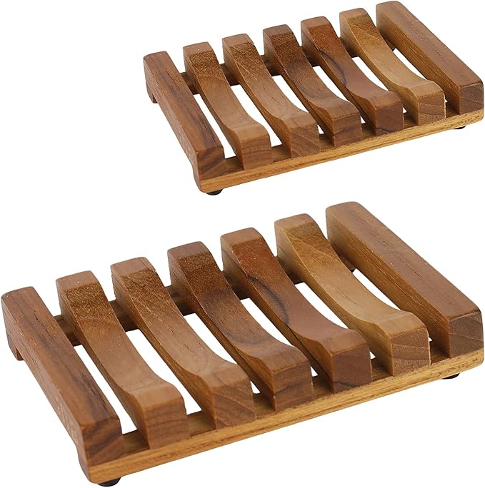 2PCS Slotted Bar Soap Holder Teak Wood by HTB, Kitchen Wooden Sponge Holder, Self Draining Soap Dish for Shower, Sink, Bathroom, Bathtub, RV - Bloomnest