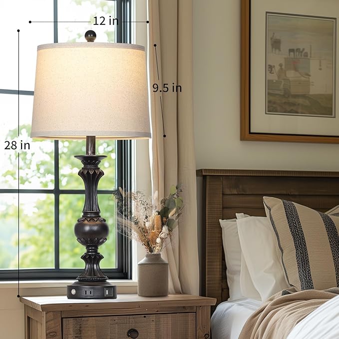 28" Farmhouse Table Lamps Set of 2, Retro Lamps for Living Room with USB C+A Ports & AC Outlet, 3 Way Touch Control Resin Bedside Lamp, Rustic Bedroom Lamp for Nightstand Side End Table Desk, Black - Bloomnest