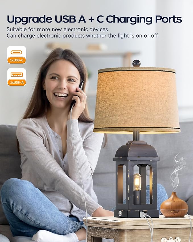 QiMH Table Lamp for Living Room, Farmhouse Lamps with USB A+C and Nightlight, 26" Rustic Bedside Lamps with 3-Way Dimmable Touch Control, Nightstand Lamp for Bedroom, Shabby Grey, 1 Pack - Bloomnest