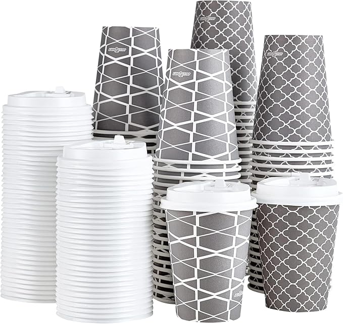 JOLLY PARTY Disposable Coffee Cups with Lids -12 oz (100 Sets) To Go Cups, Paper Coffee Cups for Beverages Espresso Tea, Suitable for Cafes, Offices and Home - Bloomnest