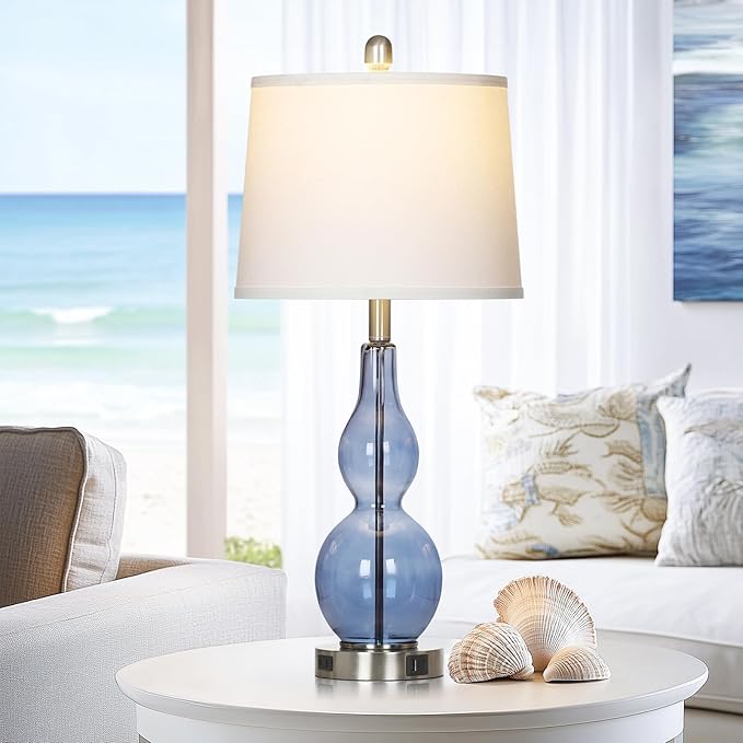27.5" Coastal Blue Glass Double Gourd Table Lamp Set of 2,3-Way Dimmable Touch Control Bedside Lamps with USB Ports and AC Outlet, Nautical Nightstand Lamps for Bedroom Living Room - Bloomnest