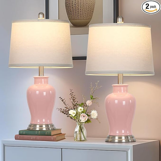 23" Ceramic Table Lamps Set of 2, Modern Ceramic Lamps for Living Room, Cute Bedside Lamps with Ginger Jar Design, Elegant Bedroom Lamps for Nightstand Dining Room Desk Side End Table Home Decor, Pink - Bloomnest
