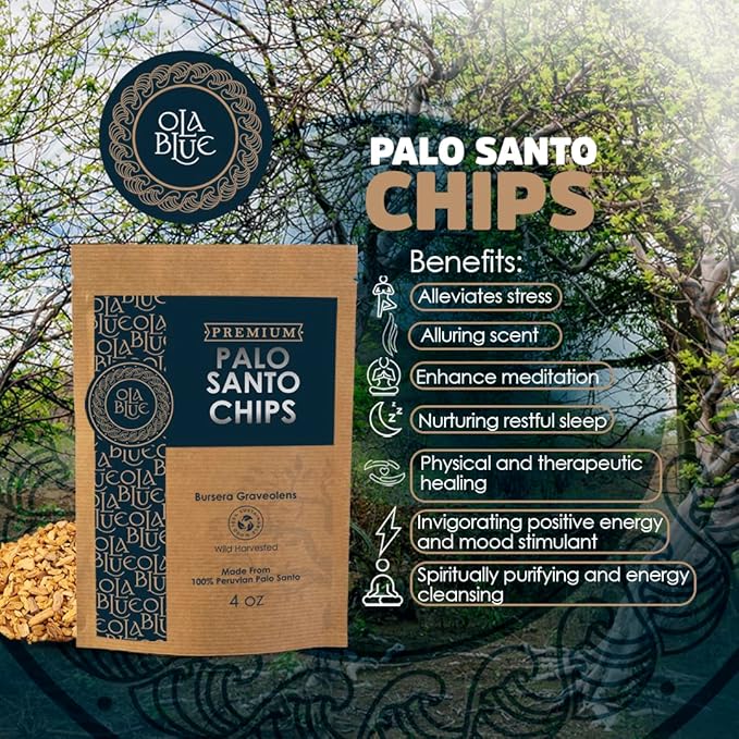 Palo Santo Chips 4oz Natural and Sustainable from Peru sustainably Harvested Aromatic Resin - for Smudging, Energy Cleansing, Meditation Organic Incense OLABLUE
