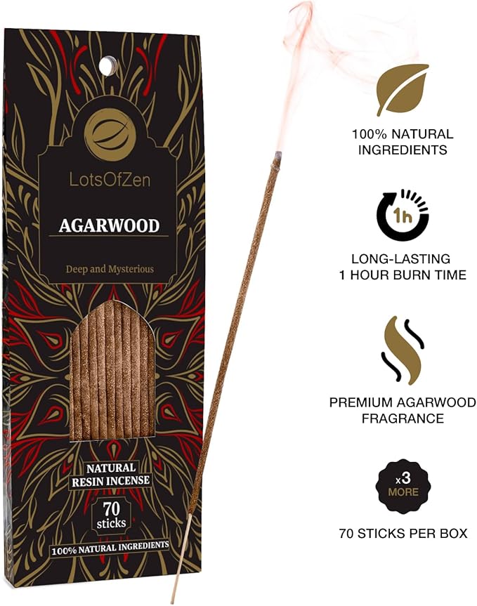 Agarwood Incense Sticks 70 Count – Natural Oud Wood Incense – Long-Burning – Arabic Oudh for Meditation and Relaxation Inspired by Traditional Bakhoor LotsOfZen