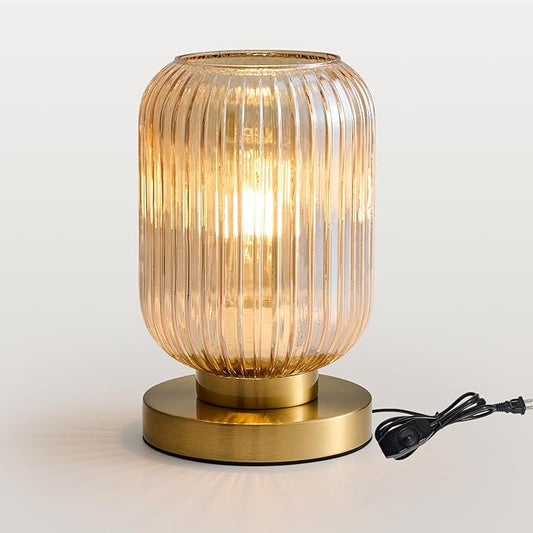 Mid Century Modern Table Lamp: Vintage Amber Ribbed Glass Globe Dimmable Plug in Small Bedside Lamps - Cute Brass Gold Side Table Lamp Nightstand Light for Bedroom Entryway Office Desk Living Room - Bloomnest