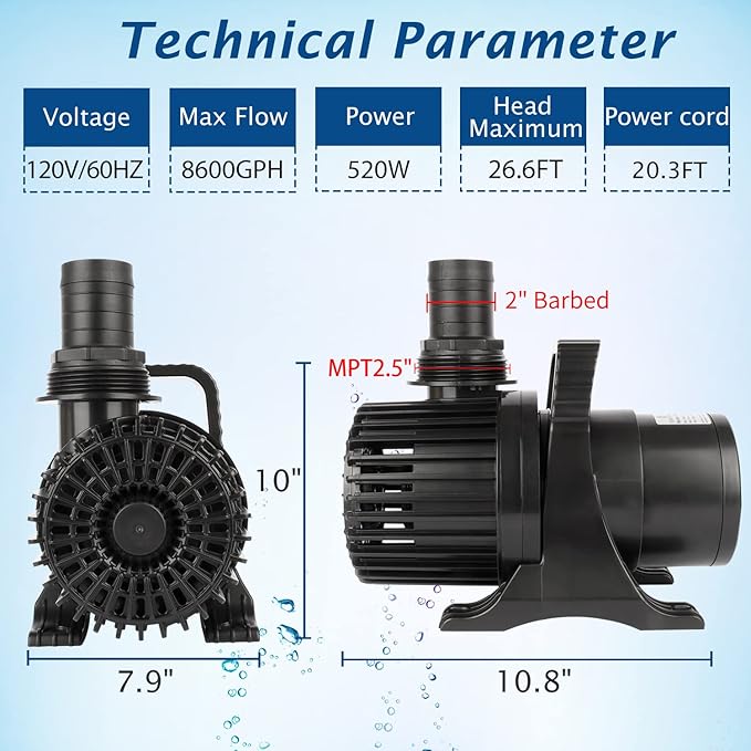 WaterRebirth (8600GPH 520W, UL listed) High Flow Submersible Water Fountain Aquarium Sump Pond Electric Waterfall Pump PS-8600 - Bloomnest