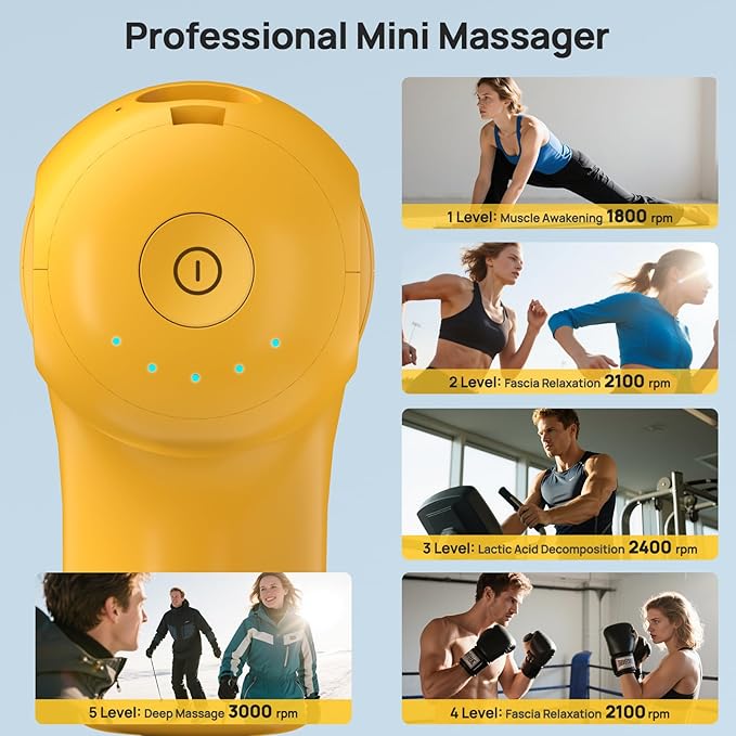 Mini Massage Gun Deep Tissue, Handheld Portable Mini Travel Size Percussion Deep Tissue Massager with 4 Attachments & 5 Speeds, Ideal Gift for Men & Women, Yellow - Bloomnest