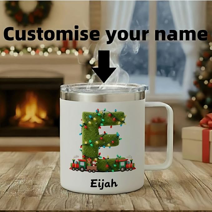 Personalized Kids Christmas Mug with Name, 12oz Insulated Tumbler with Handle, Custom Train Initial Cup, Holiday Xmas Gift for Boys, Son, Toddler Stocking Stuffer(B05) - Bloomnest