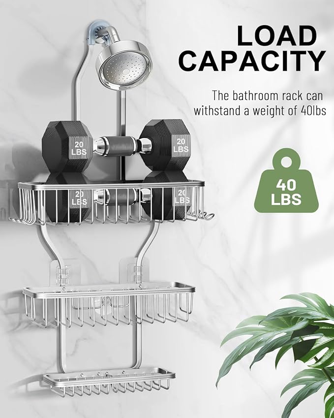 Shower Caddy Hanging - Never Rust Shower Hanging Organizer - Aluminum Over the ShowerHead Caddy with 6 Hooks for Razor/Sponge (Silver) - Bloomnest