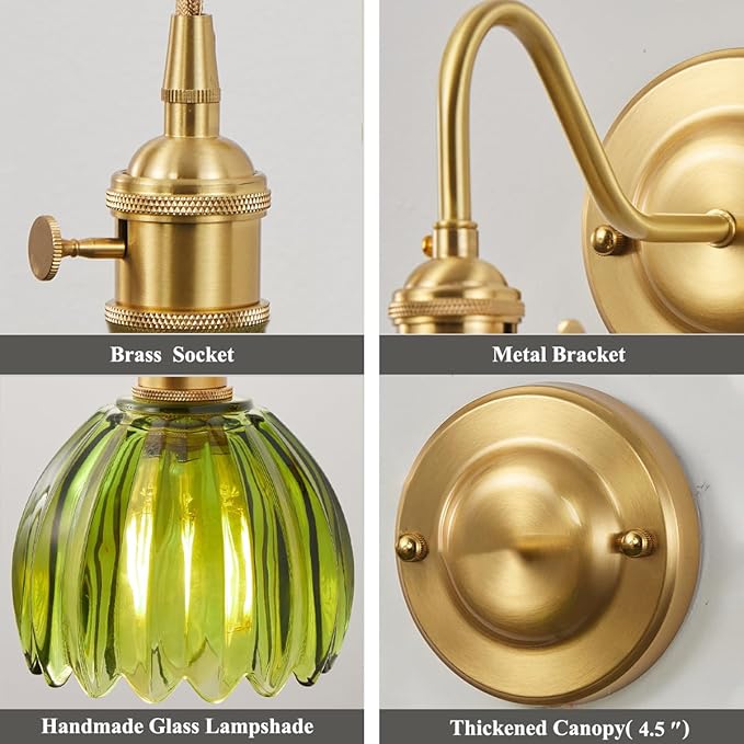 Vintage Plug-in Wall Sconce with Green Glass Shade – Brass E26 Socket Fixture, Easy Mount with Switch, Convertible to Hardwired, Accent Light for Bedroom, Vanity, Hallway - Bloomnest