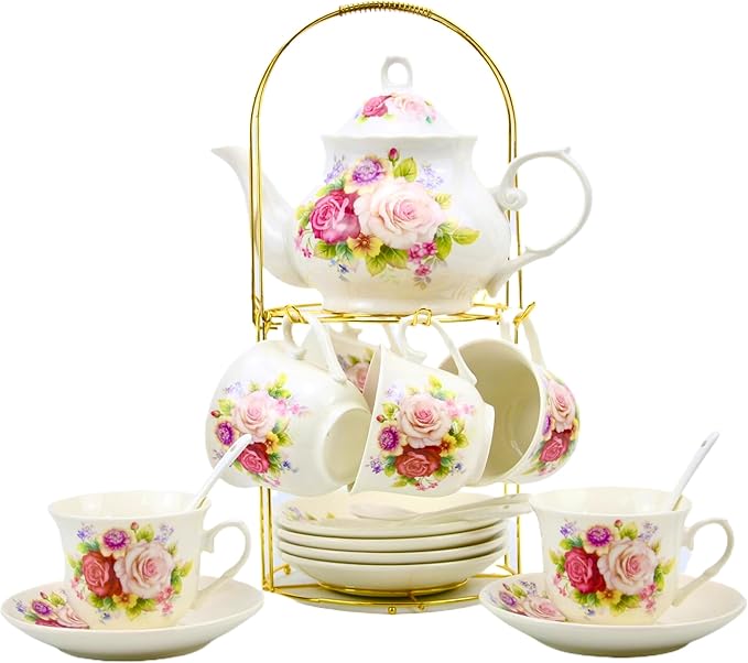 20-Pieces Porcelain Bone china Tea Sets,Gold Rim Coffee Set with Golden Metal Rack,Tea Gift Sets for Home&Party (008) - Bloomnest