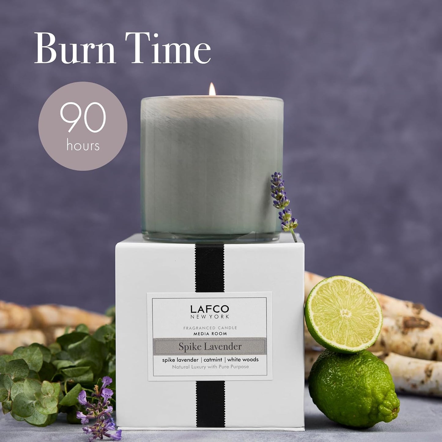 LAFCO New York Signature Candle, Spike Lavender - 15.5 oz - 90-Hour Burn Time - Reusable, Hand Blown Glass Vessel - Made in The USA