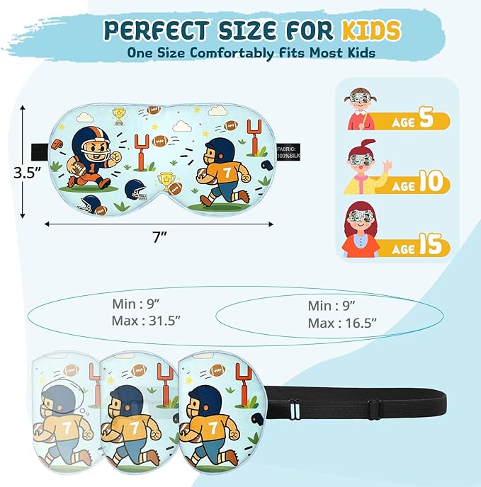 Kids Sleep Mask – 100% Mulberry Silk Eye Mask with Adjustable Strap, Soft Light Blocking Sleeping Mask for Children, Cute Printed Eye Cover for Boys Girls Ages 5-15 (Football Style) - Bloomnest