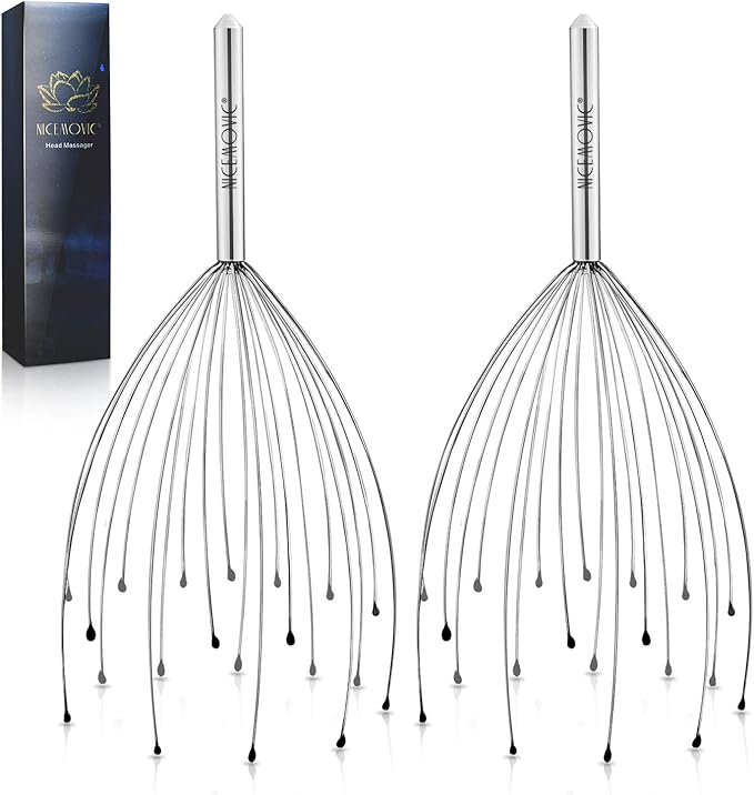 NICEMOVIC 2 Pack Head Scalp Massager, Stocking Stuffers Stress Relief Gifts for Women Men, 20 Fingers Scalp Head Scratcher for Hair Stimulation Body Relaxing (Silver & Silver) NICEMOVIC