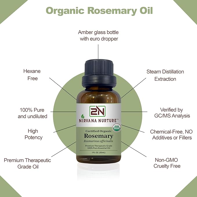 Rosemary Essential Oil, USDA Certified Organic, 100% Pure Undiluted, Aromatherapy Oil for Diffuser, Hair & Skin Care NirvanaNurture