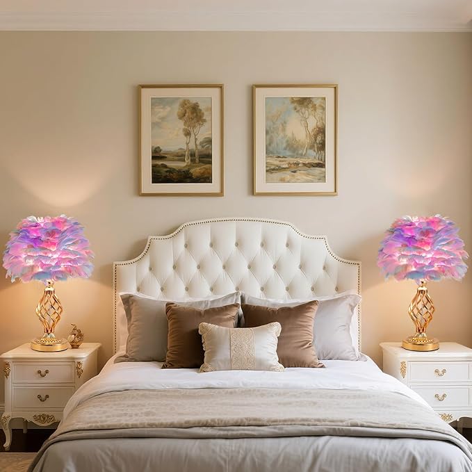Colorful Feather Lamp Romantic Fluffy Bedside Lamp Creative Table Lamp Cute Goose Feather Nightstand Light for Girl Bedroom Living Room Hotel Office Entry Wedding - Bloomnest