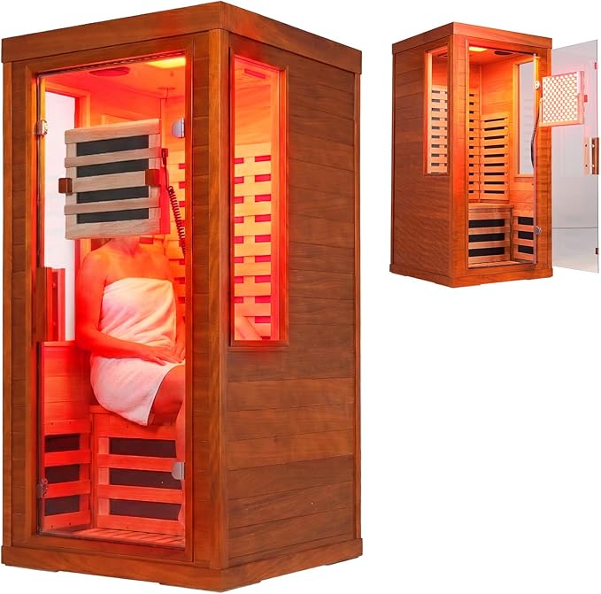 Low EMF Full Spectrum Infrared Sauna with FDA-Certified Red Light Therapy, Fast Heat-Up 1170W 110V, 1-Person Carbon Fiber Dry Sauna, Canadian Hemlock for Home Bloomnest