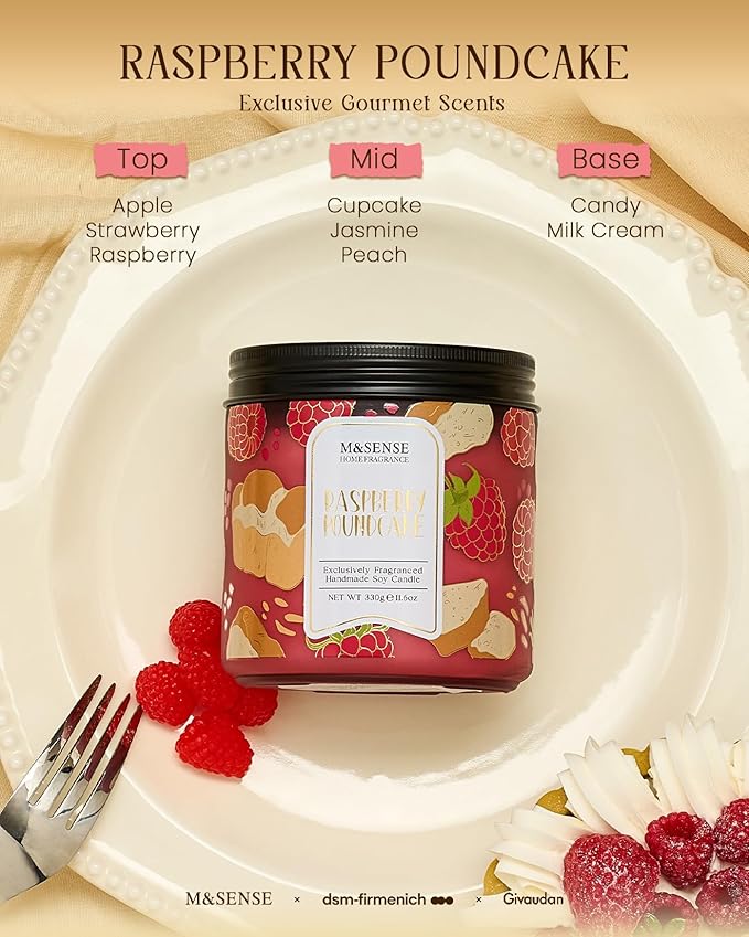 M&SENSE Raspberry Pound Cake Scented Candle 11.6oz, Natural Soy Wax Double Wick, 70H Burn Time for Bedroom Relaxing, Holiday Home Decor, Gift-Ready for Women - Bloomnest