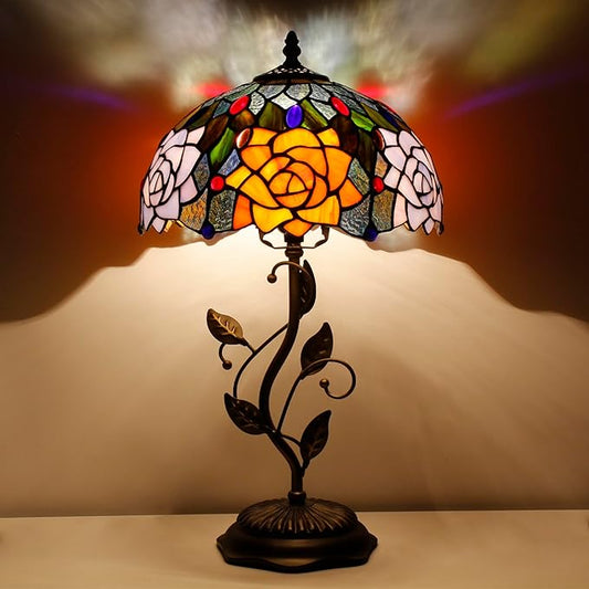 Tiffany Lamp Orange Red Rose Flower Stained Glass Table Lamp Desk Bedside Reading Light 12X12X19 Inches with Metal Leaf Base Decor Bedroom Living Room - Bloomnest