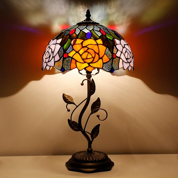 Tiffany Lamp Orange Red Rose Flower Stained Glass Table Lamp Desk Bedside Reading Light 12X12X19 Inches with Metal Leaf Base Decor Bedroom Living Room - Bloomnest