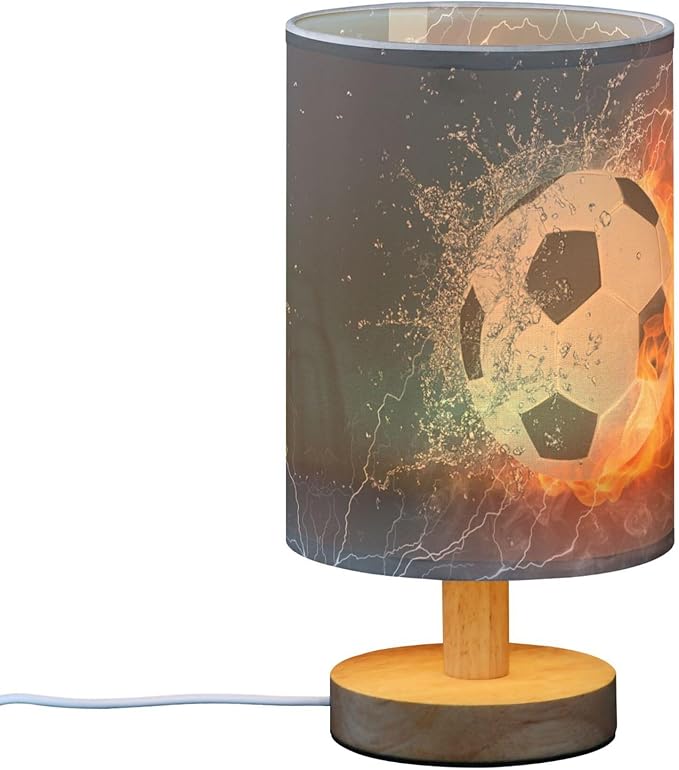 Table Lamp Soccer Ball in Fire Flame Water Sport Design American Football Nightstand Lamp with Wood Base Fabric Lamp Shade Bedside Desk Lamp for Living Room Bedroom Kids Room Office - Bloomnest