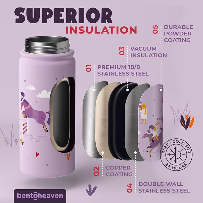 Bentoheaven Kids Water Bottle Stainless Steel for Boys & Girls, 2 Lids (Chug & Straw), Handle & Silicone Boot, Reusable Metal Leak-proof Insulated Tumbler, School & Sports 17oz (Purple) - Bloomnest