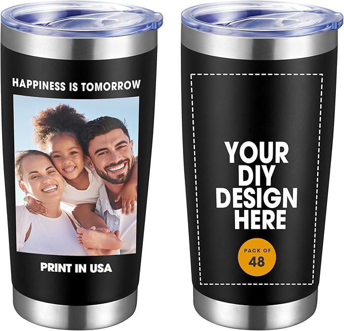 Personalized Custom Tumbler Print in USA 48 Pcs 20oz Stainless Steel Coffee Cup with Lid & Straw Double Wall Insulated Tumbler with Colorful Text Logo Photo - Bloomnest