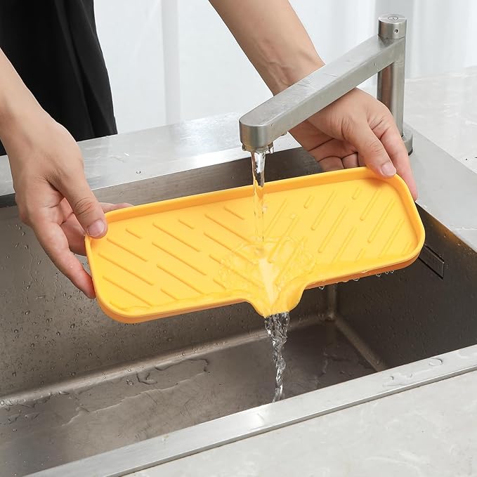 Silicone Bathroom Soap Dishes with Drain Spout-Bathroom and Kitchen Sink Organizer,Sponge Holder,Dish Soap Tray,Perfect for Dispenser,Scrubber,Bottle,Cup on Sink or Counter-Yellow 12"×4" - Bloomnest