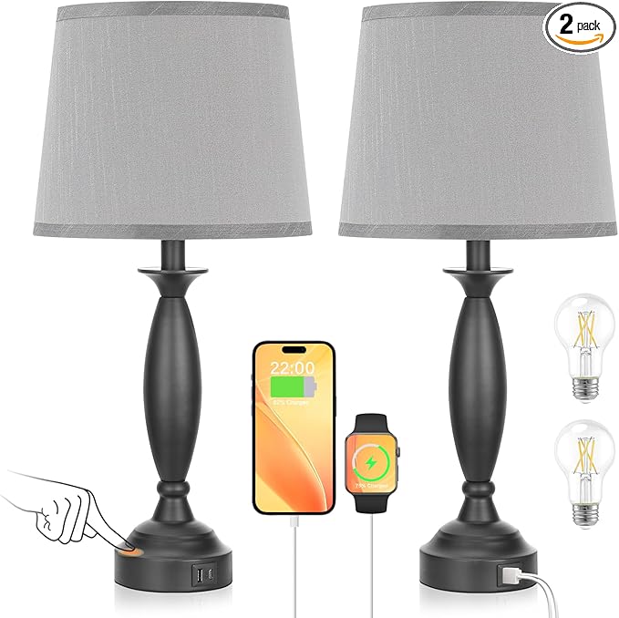 Grey Lamps for Bedrooms Set of 2 - Touch Control Bedside Lamp with USB C+A, 3 Way Dimmable Nightstand Lamps with USB Port, Table Lamp for Living Room(Grey Shade and Black Base) - Bloomnest