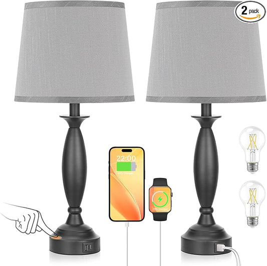 Grey Lamps for Bedrooms Set of 2 - Touch Control Bedside Lamp with USB C+A, 3 Way Dimmable Nightstand Lamps with USB Port, Table Lamp for Living Room(Grey Shade and Black Base) - Bloomnest