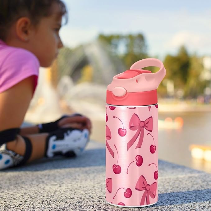 Bow Cherry Pink Kids Insulated Water Bottle, Toddlers Tumbler Travel Cup with Straw & Handle Stainless Steel Cup for Travel School Girls 12 oz - Bloomnest
