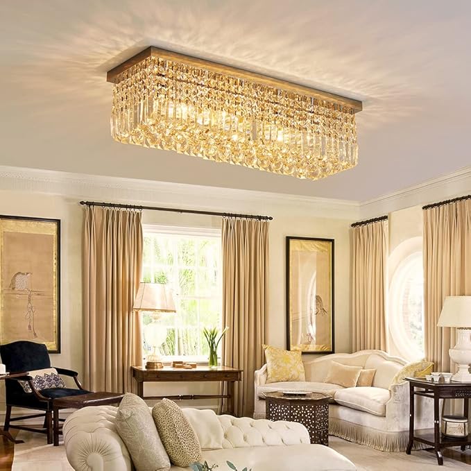 Saint Mossi 5-Lights Modern K9 Crystal Chandelier Light Fixture, Flush Mount Chandelier for Dinning Room, H9 x W10 x L31, Clear Crystal & Chrome Finish - Bloomnest