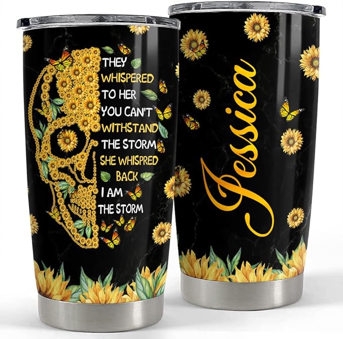 Personalized Skull Sunflower Tumbler Custom Name 20oz 30oz Tumblers with Lid Gift for Women Friends Skull Lovers Birthday Christmas - Bloomnest