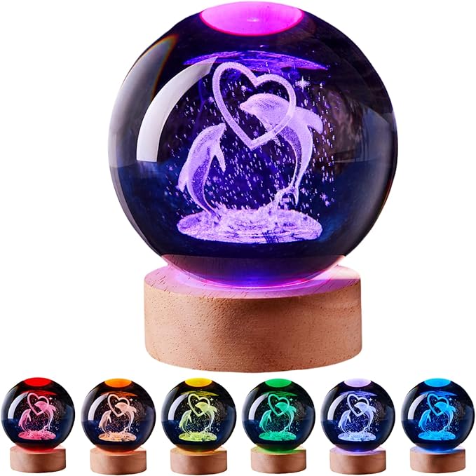 Dolphin Crystal Ball Lamp,3D 3.15 inch K9 Crystal Ball Night Light with Wooden Base Lamp for Room,Dolphin Light Gift,16 Colors Change with Remote Control (D) - Bloomnest