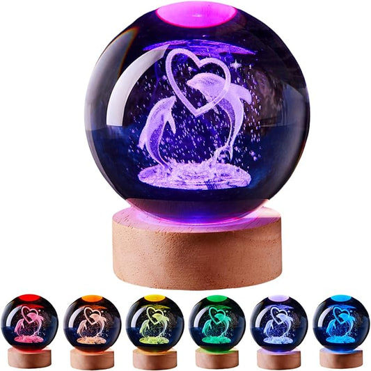 Dolphin Crystal Ball Lamp,3D 3.15 inch K9 Crystal Ball Night Light with Wooden Base Lamp for Room,Dolphin Light Gift,16 Colors Change with Remote Control (D) - Bloomnest