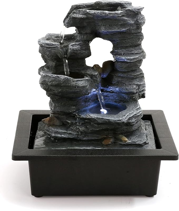 Indoor Fountain - Elegant Resin Design with Natural Rock-Like Texture for Home Office Decor Relaxation, Desktop Fountain with Soothing LED Light, 9.06''x6.89''x10.24'' Indoor Waterfall Feature
