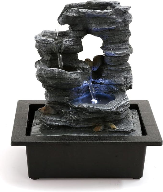 Indoor Fountain - Elegant Resin Design with Natural Rock-Like Texture for Home Office Decor Relaxation, Desktop Fountain with Soothing LED Light, 9.06''x6.89''x10.24'' Indoor Waterfall Feature