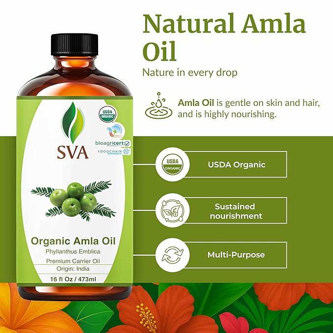 SVA Amla Oil Organic - 16 Fl Oz – 100% Natural Cold Pressed Organic Amla - for Face, Skin Care, Hair Care, Scalp Massage & Body Massage – Carrier Oil - Bloomnest