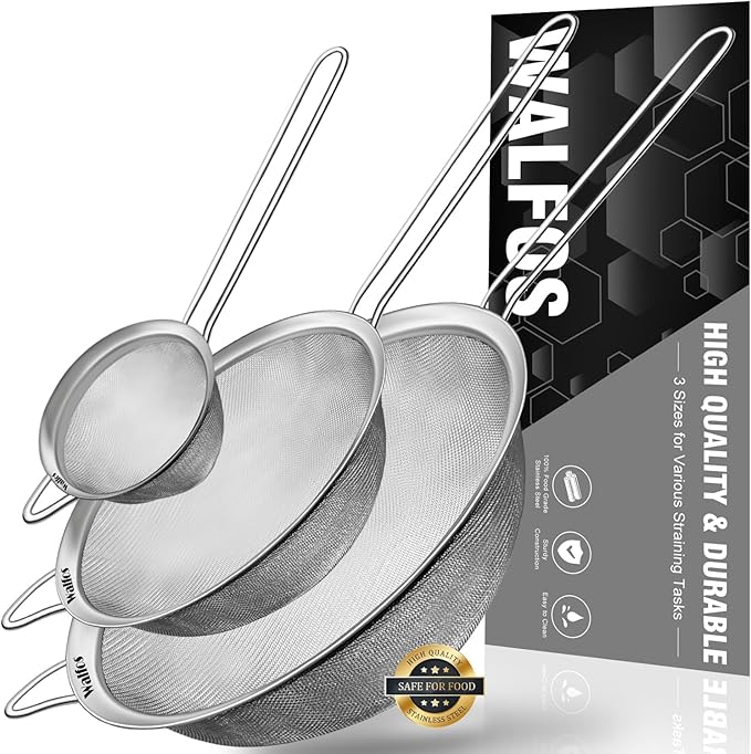 Walfos Fine Mesh Strainers Set, Premium Stainless Steel Colanders and Sifters, with Reinforced Frame Sturdy Handle, Perfect for Sift, Strain, Drain Rinse Vegetables, Pastas Tea - 3 Sizes - Bloomnest