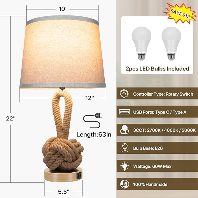 22" Rope Lamps for Night Stands, Bedside Lamps Set of 2, 3-Color Temperatures Boho Lamp with Rotary Switch, Table Lamps for Living Room Bedroom, Rattan Lamp with USB Ports, Bulbs Included - Bloomnest