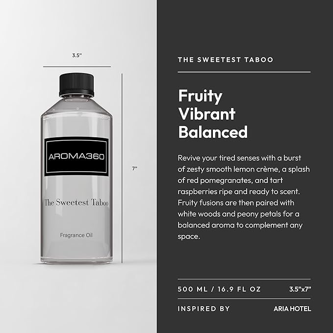 Aroma360 - The Sweetest Taboo Fragrance Oil Scent - Luxury Aromatherapy Scent Diffuser Oil - Hints of Lemon Crème, Pomegranates, & Raspberries - For Essential Oil Diffusers - For Home & Office - 500mL - Bloomnest