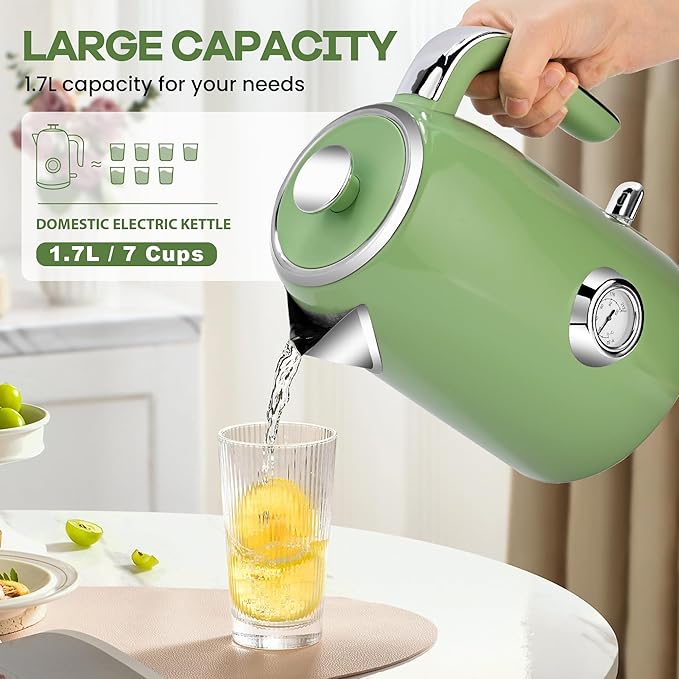 Pukomc Electric Kettle,1.7L Stainless Steel Electric tea kettle with Temperature Gauge, Fast Boiling, Auto Shut - off, BPA - Free, Boil - Dry Protection, (Retro Green) - Bloomnest