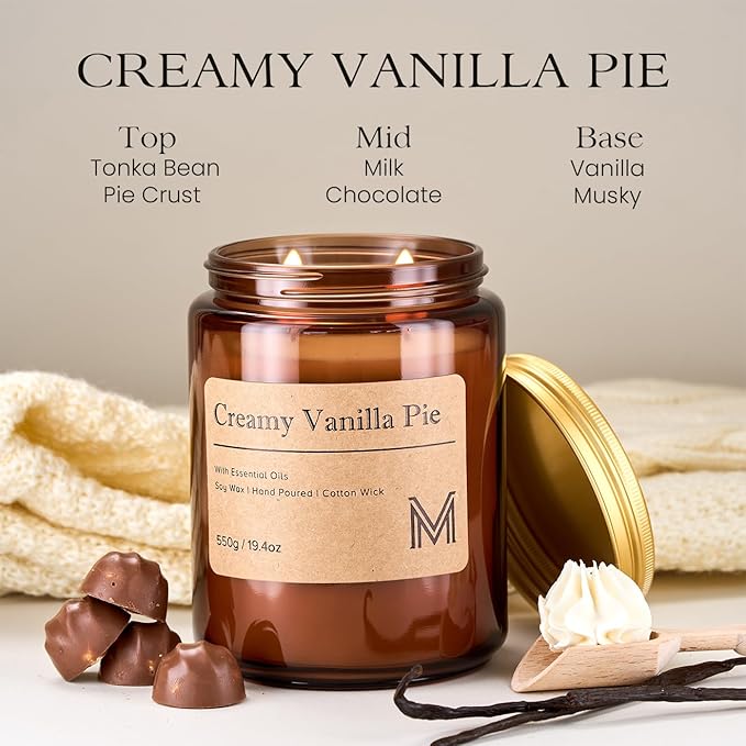 M&SENSE Creamy Vanilla Pie Home Scented Candle | 19.4oz, 116-Hour Burn | Natural Organic Soy Wax | Long-Lasting for Stress Relief and Gifting | for Bedroom，Relaxing SPA，Office - Bloomnest