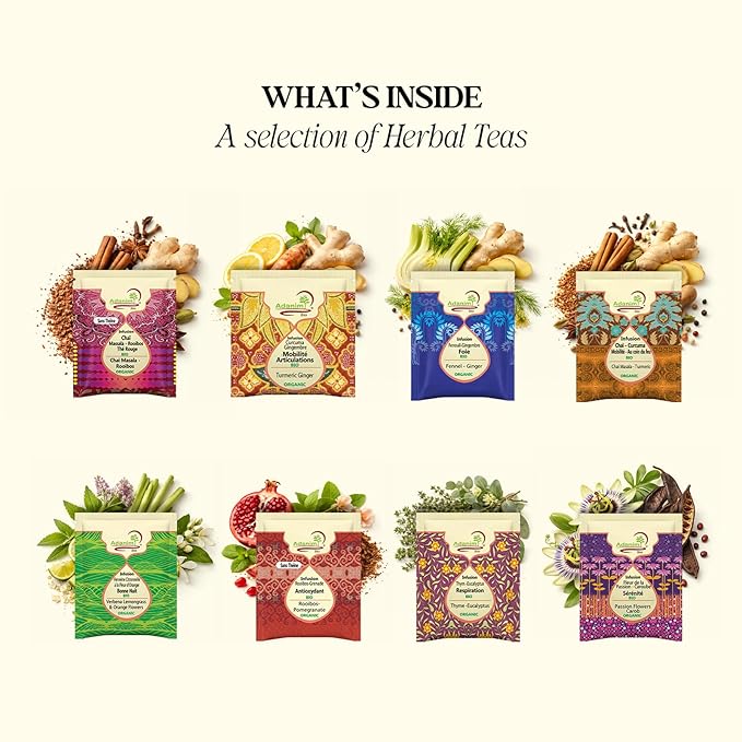 Adanim Bio Vitality Organic Herbal Tea Sampler Gift Set Caffeine Free 8 Flavors Variety Pack 64 Individually Wrapped Tea Bags for Gifting - Bloomnest
