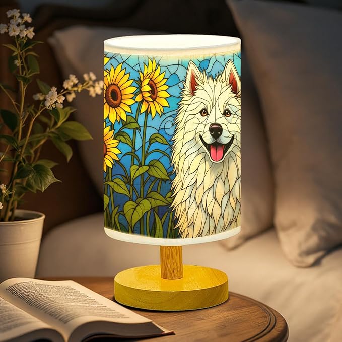Samoyed Table Lamp LED 3-Color Pressed Bedside, Dog Shade Lamp with Wood Base for Bedroom Living Room Desk Office - Bloomnest