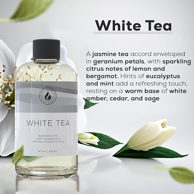 Aroma Country White Tea Diffuser Oil - Luxury Essential Oils for Diffuser Refill & Air Freshener Room Spray, Long-Lasting, Natural Home Fragrance and Hotel Scent for Diffusers & Machines (8.5 Fl Oz) AromaCountry