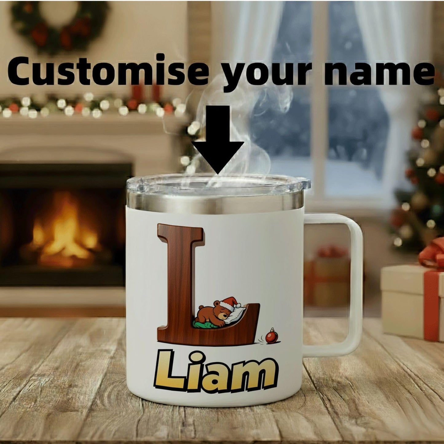 JugJug Personalized Christmas Mug with Initial & Name - Cute Sleeping Bear 12oz Insulated Coffee Cup w/Lid - Xmas Gifts for Kids, Boys, Girls (B175)