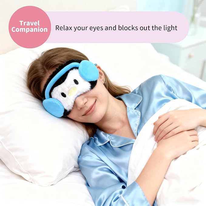 Cute Sleep Eye Masks for Kids, Kawaii Cartoon Kids Sleeping Mask for Women Boys Girls Teens, Soft Plush Adjustable Eyeshade Silk Travel Nap Eye Cover (Black+Pink Headphone) - Bloomnest